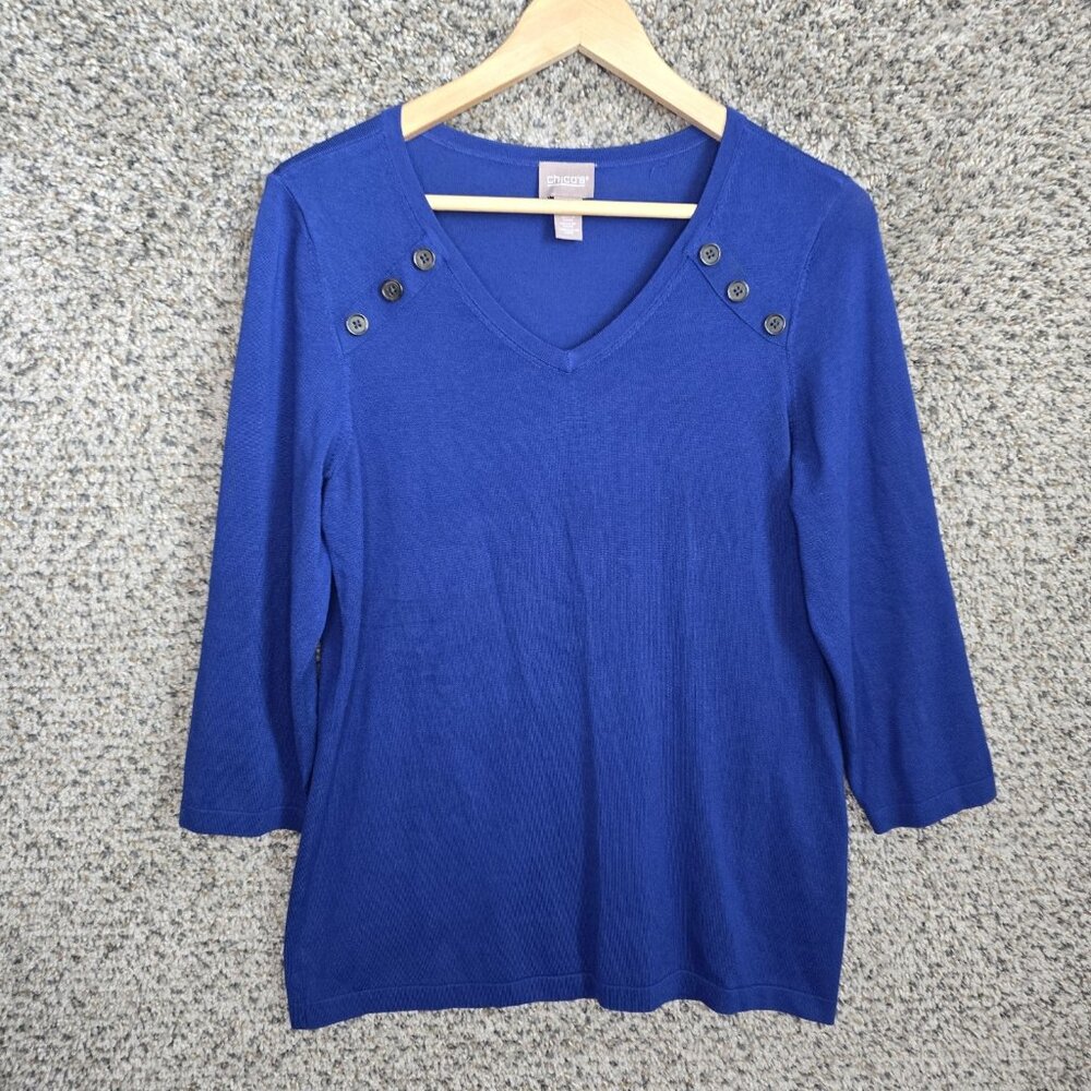 Chicos Top Womens 0 US Small Blue Knit V Neck Button Accent Casual Ladies‎
